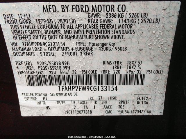 Photo 8 VIN: 1FAHP2EW9CG133154 - FORD TAURUS 