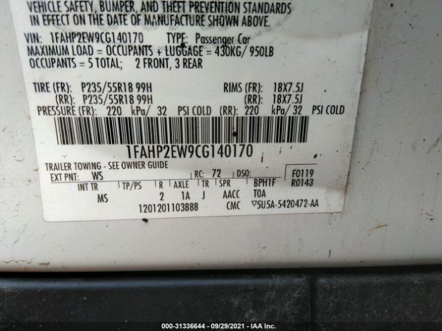 Photo 8 VIN: 1FAHP2EW9CG140170 - FORD TAURUS 