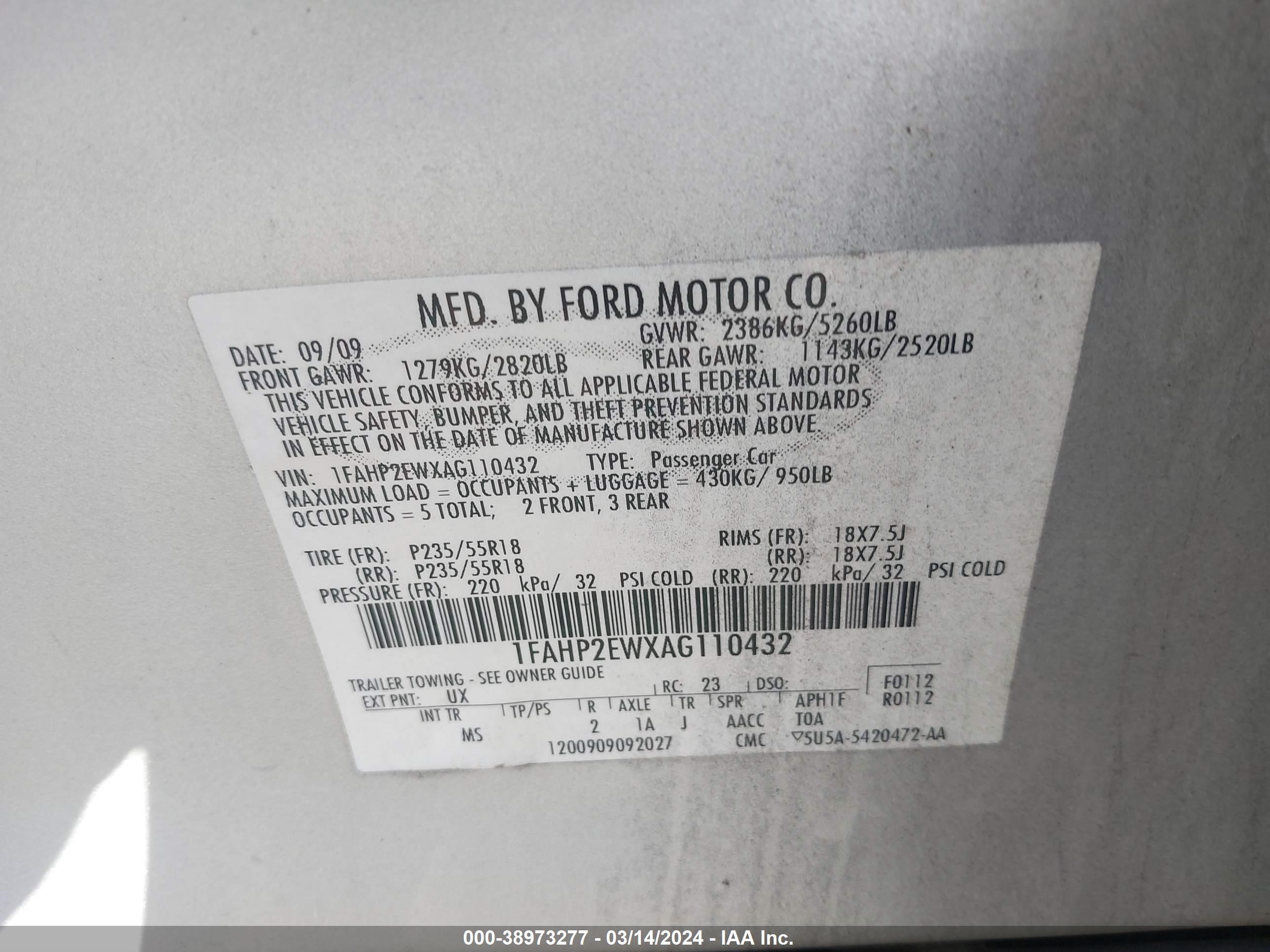 Photo 8 VIN: 1FAHP2EWXAG110432 - FORD TAURUS SEL 