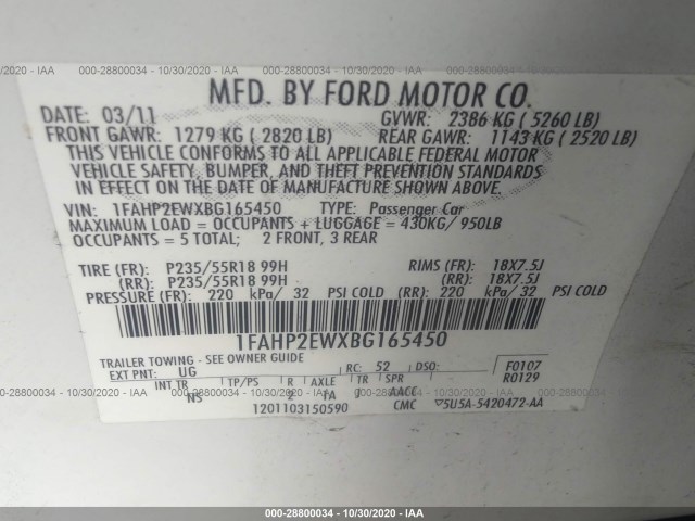 Photo 8 VIN: 1FAHP2EWXBG165450 - FORD TAURUS 