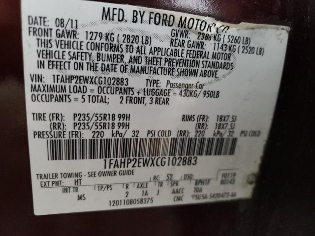 Photo 9 VIN: 1FAHP2EWXCG102883 - FORD TAURUS SEL 