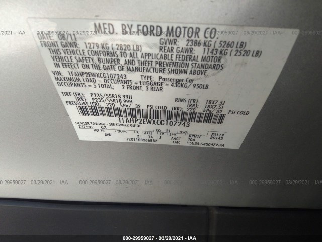 Photo 8 VIN: 1FAHP2EWXCG107243 - FORD TAURUS 