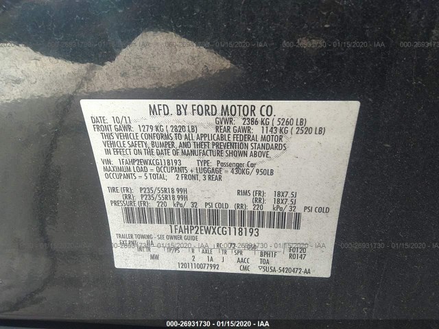 Photo 8 VIN: 1FAHP2EWXCG118193 - FORD TAURUS 