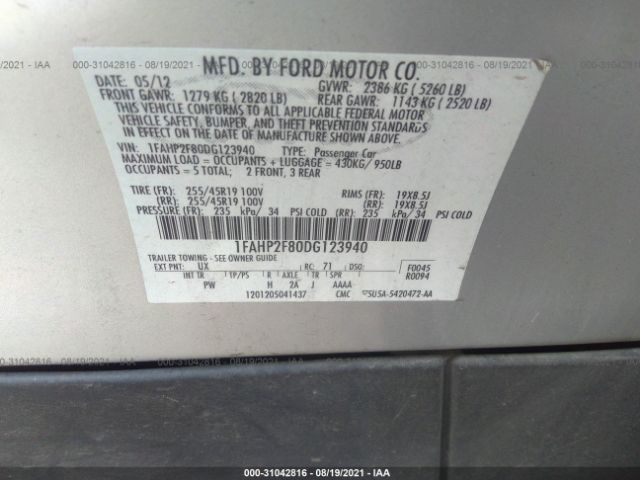 Photo 8 VIN: 1FAHP2F80DG123940 - FORD TAURUS 