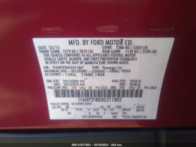 Photo 8 VIN: 1FAHP2F80DG211807 - FORD TAURUS 