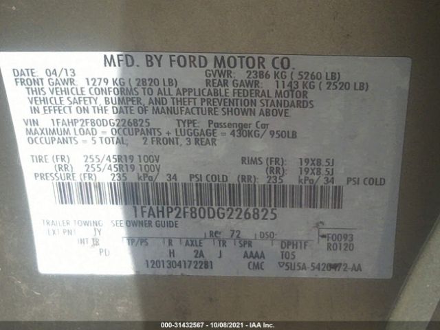 Photo 8 VIN: 1FAHP2F80DG226825 - FORD TAURUS 