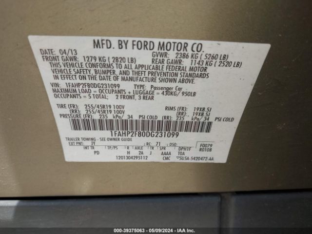 Photo 8 VIN: 1FAHP2F80DG231099 - FORD TAURUS 