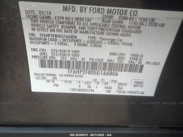 Photo 8 VIN: 1FAHP2F80EG166806 - FORD TAURUS 