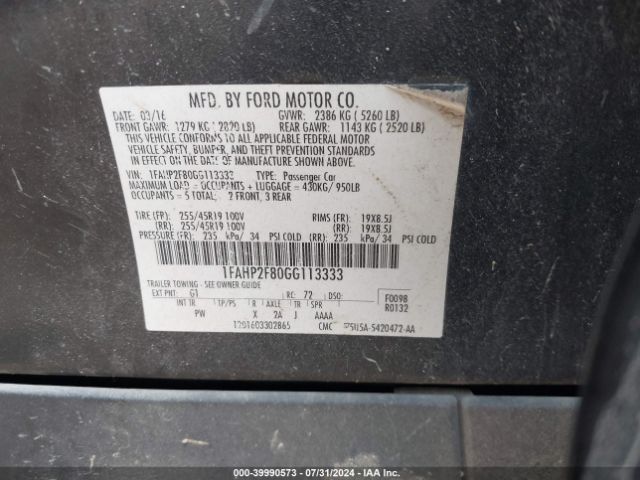 Photo 8 VIN: 1FAHP2F80GG113333 - FORD TAURUS 