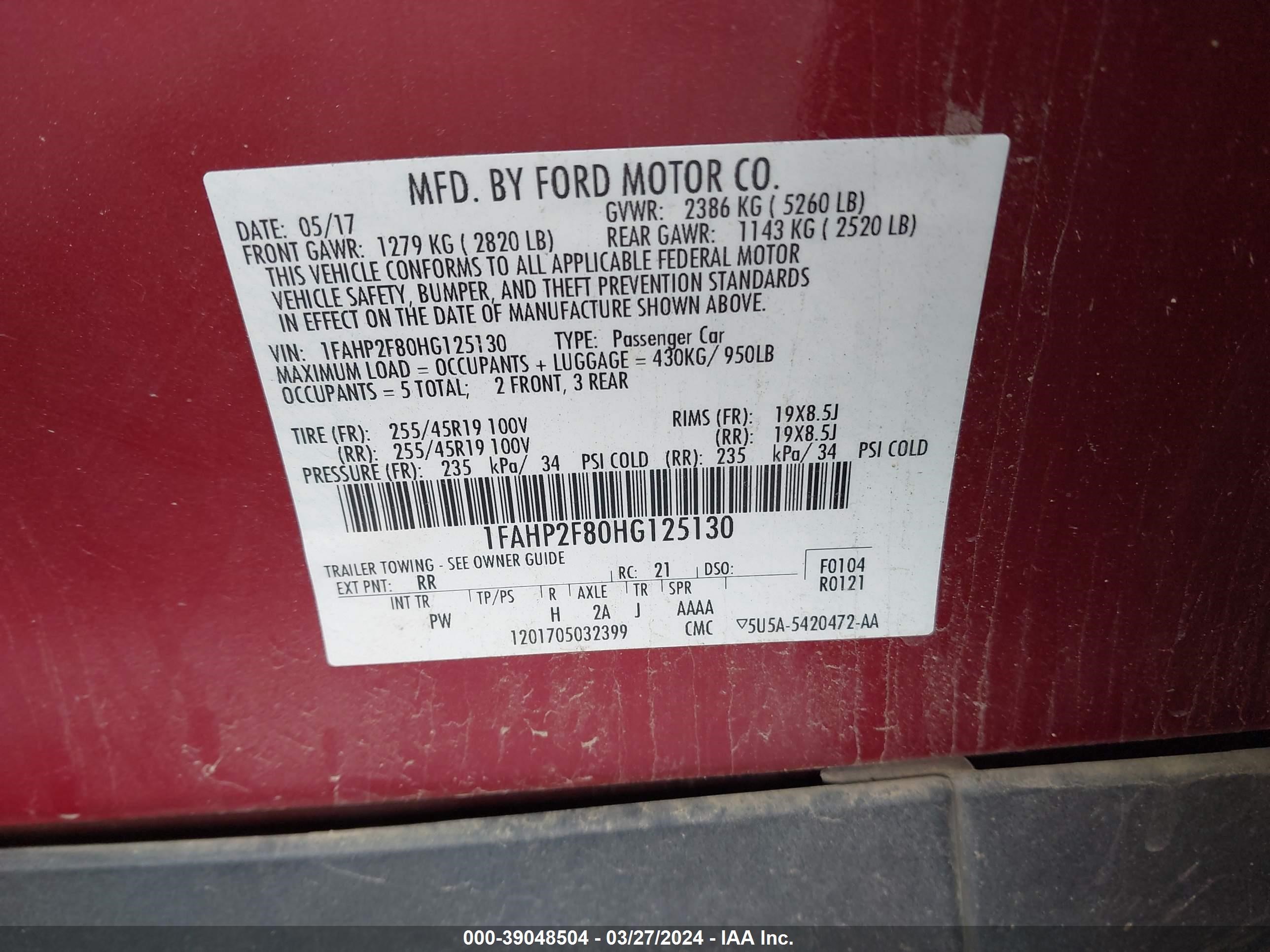 Photo 8 VIN: 1FAHP2F80HG125130 - FORD TAURUS 