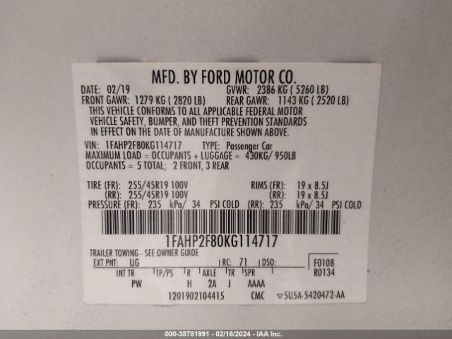 Photo 8 VIN: 1FAHP2F80KG114717 - FORD TAURUS 