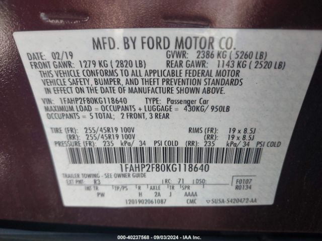 Photo 8 VIN: 1FAHP2F80KG118640 - FORD TAURUS 