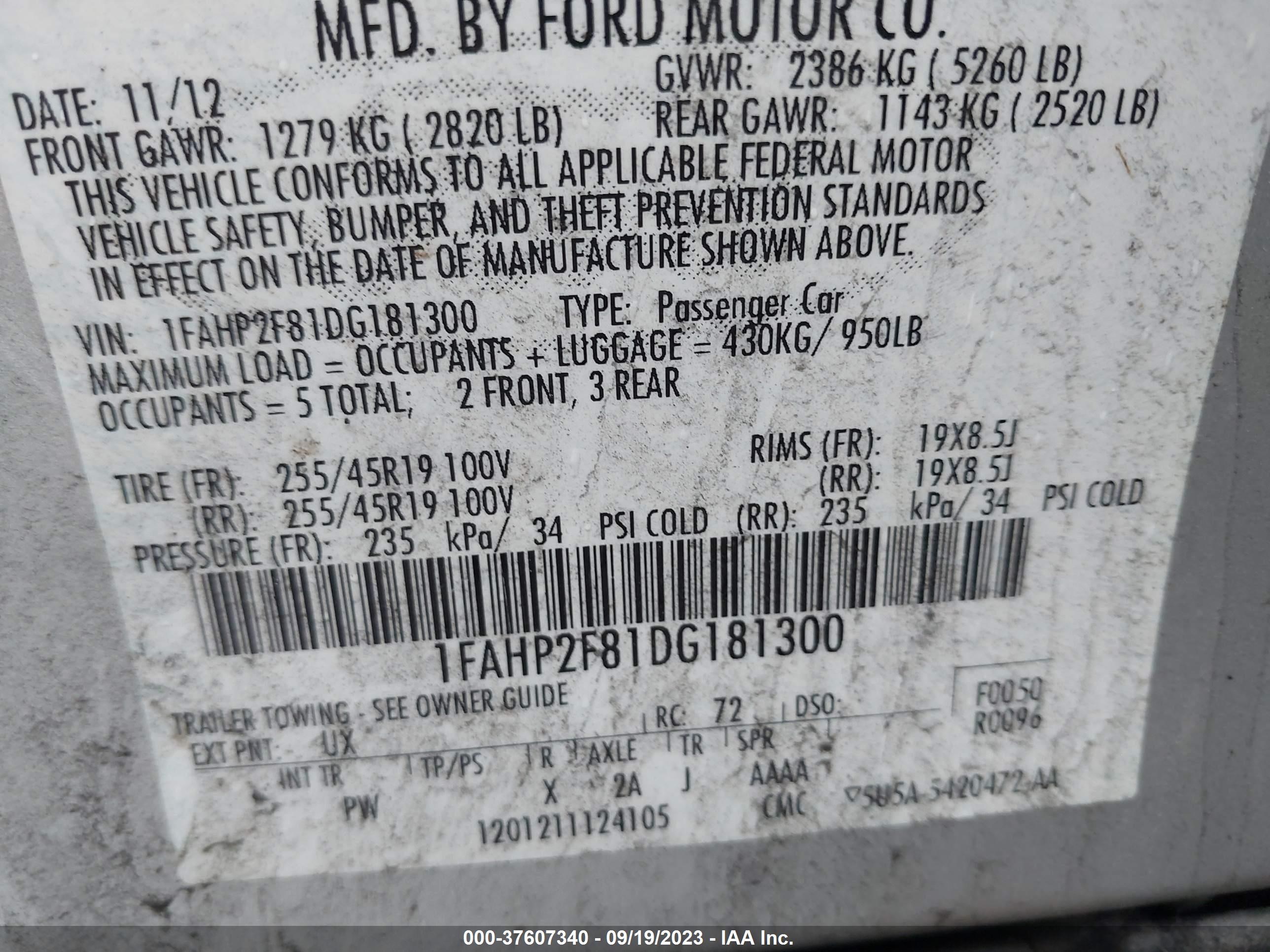 Photo 8 VIN: 1FAHP2F81DG181300 - FORD TAURUS 