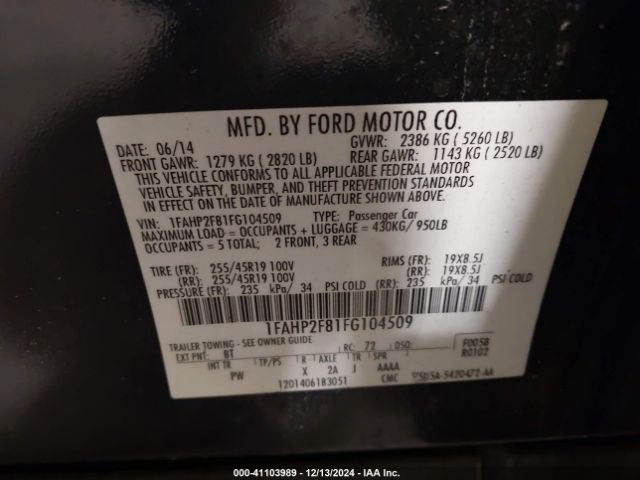 Photo 8 VIN: 1FAHP2F81FG104509 - FORD TAURUS 