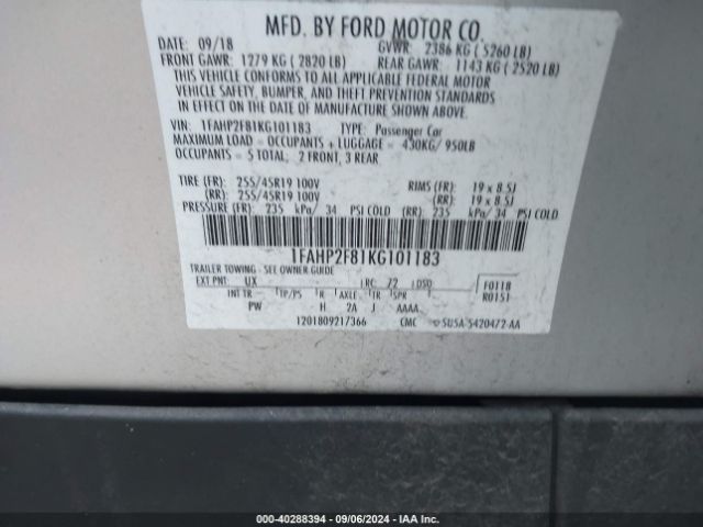 Photo 8 VIN: 1FAHP2F81KG101183 - FORD TAURUS 