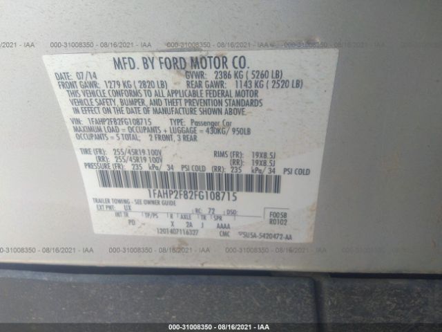 Photo 8 VIN: 1FAHP2F82FG108715 - FORD TAURUS 