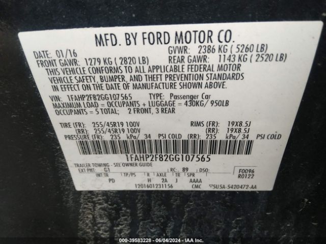 Photo 8 VIN: 1FAHP2F82GG107565 - FORD TAURUS 