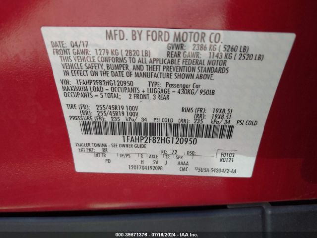 Photo 8 VIN: 1FAHP2F82HG120950 - FORD TAURUS 