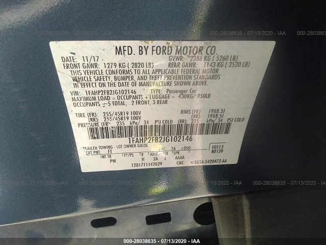 Photo 8 VIN: 1FAHP2F82JG102146 - FORD TAURUS 