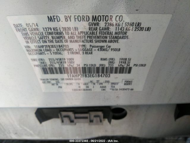 Photo 8 VIN: 1FAHP2F83EG184703 - FORD TAURUS 