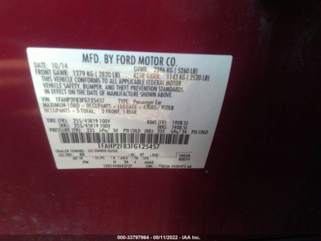 Photo 8 VIN: 1FAHP2F83FG125457 - FORD TAURUS 