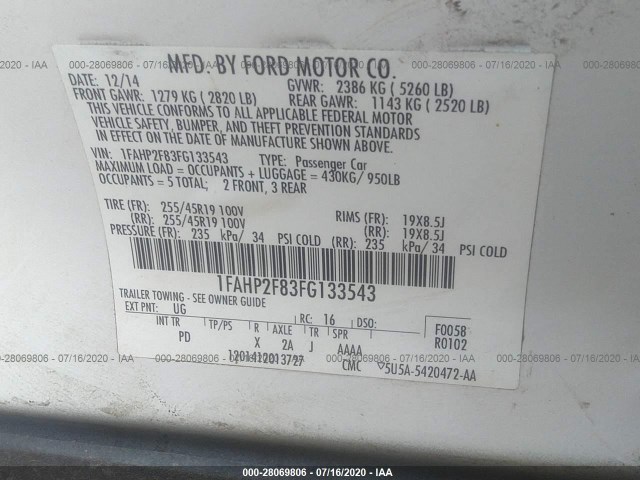 Photo 8 VIN: 1FAHP2F83FG133543 - FORD TAURUS 