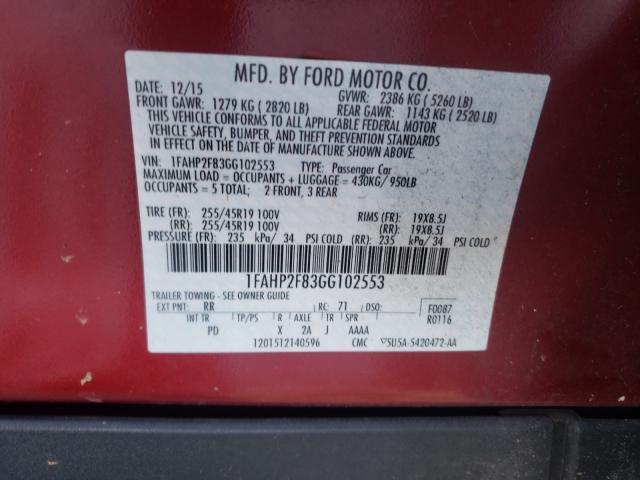 Photo 9 VIN: 1FAHP2F83GG102553 - FORD TAURUS LIM 