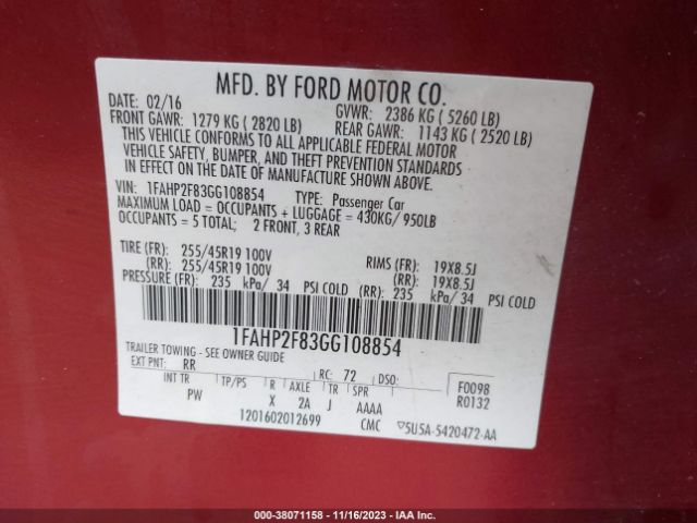 Photo 8 VIN: 1FAHP2F83GG108854 - FORD TAURUS 