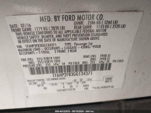 Photo 8 VIN: 1FAHP2F83GG134371 - FORD TAURUS 