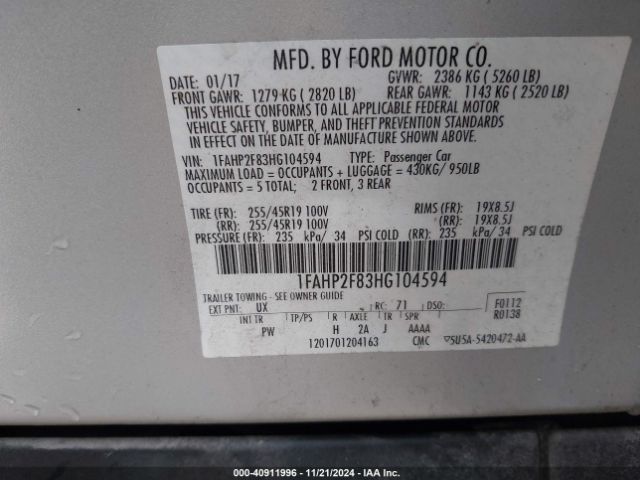 Photo 8 VIN: 1FAHP2F83HG104594 - FORD TAURUS 