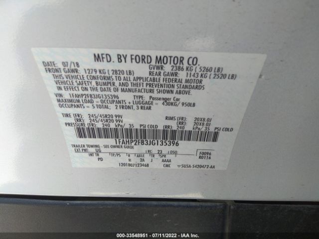 Photo 8 VIN: 1FAHP2F83JG135396 - FORD TAURUS 