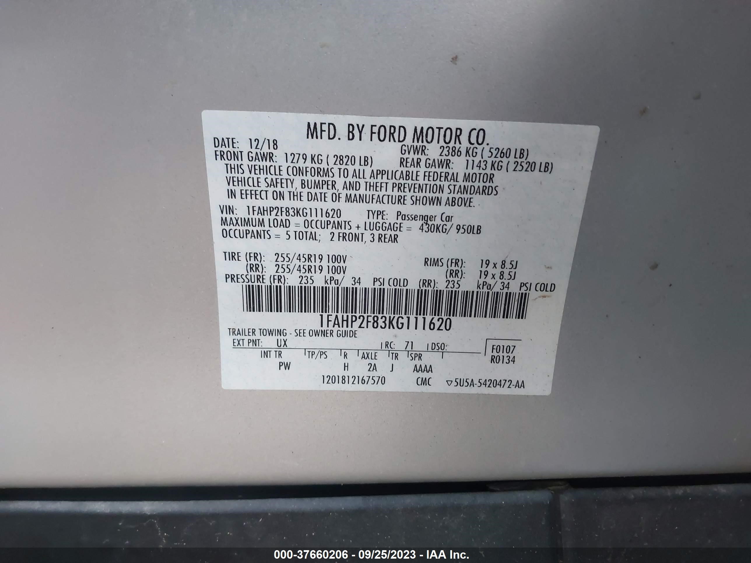 Photo 8 VIN: 1FAHP2F83KG111620 - FORD TAURUS 