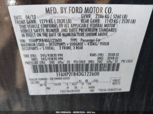 Photo 8 VIN: 1FAHP2F84DG122600 - FORD TAURUS 