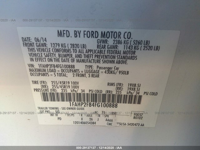 Photo 8 VIN: 1FAHP2F84FG100888 - FORD TAURUS 