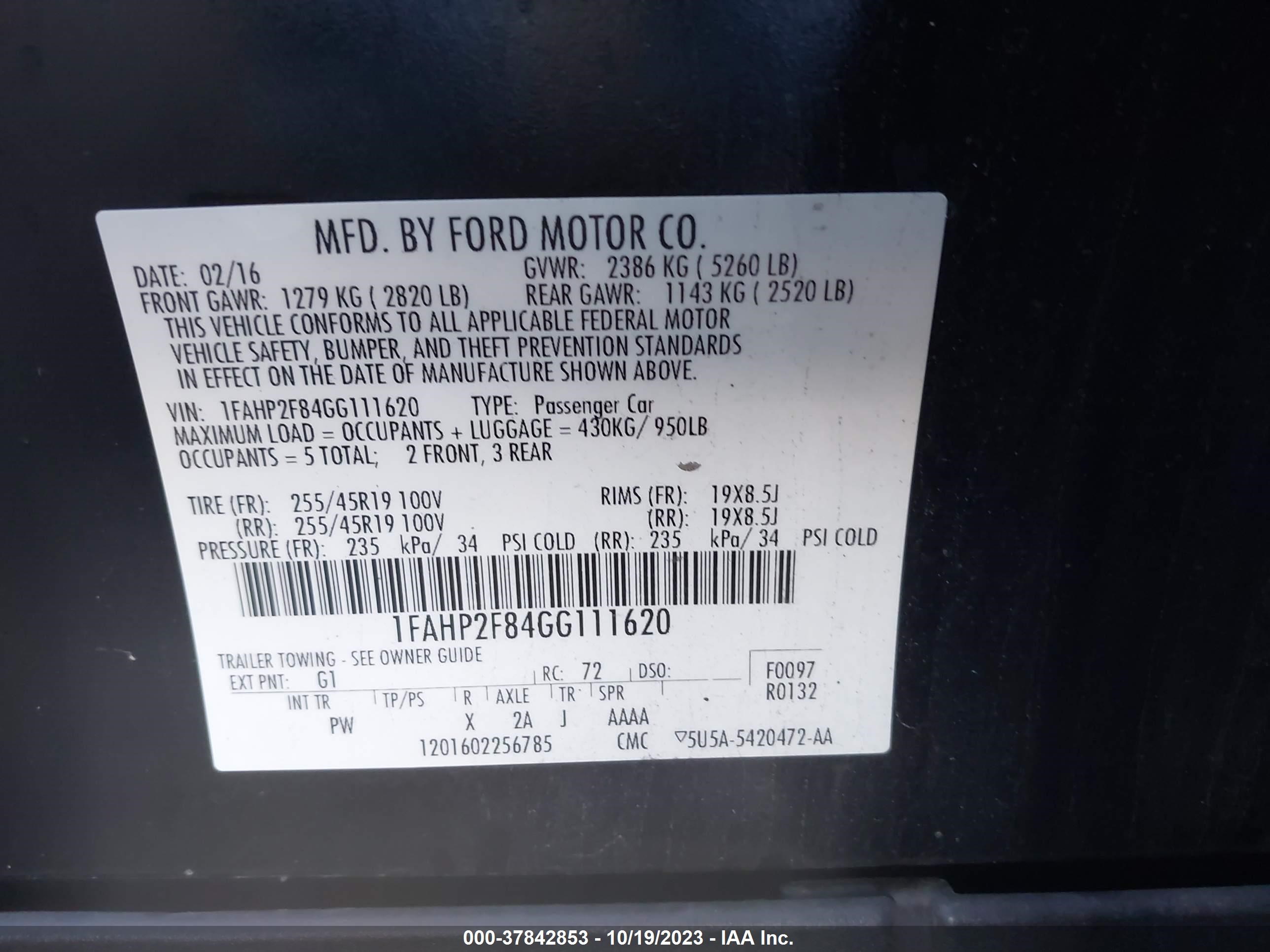 Photo 8 VIN: 1FAHP2F84GG111620 - FORD TAURUS 