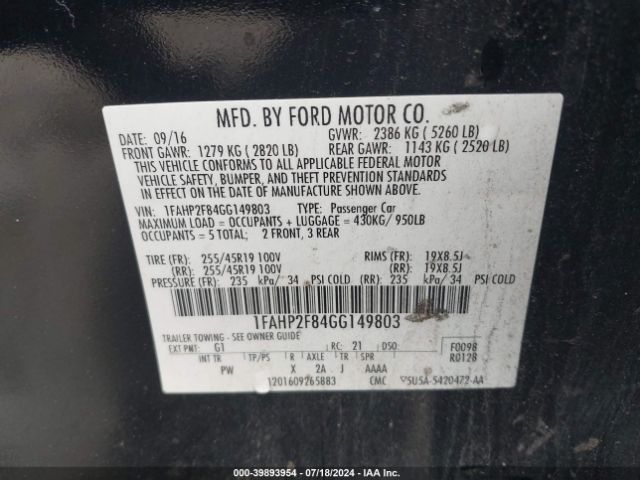 Photo 8 VIN: 1FAHP2F84GG149803 - FORD TAURUS 