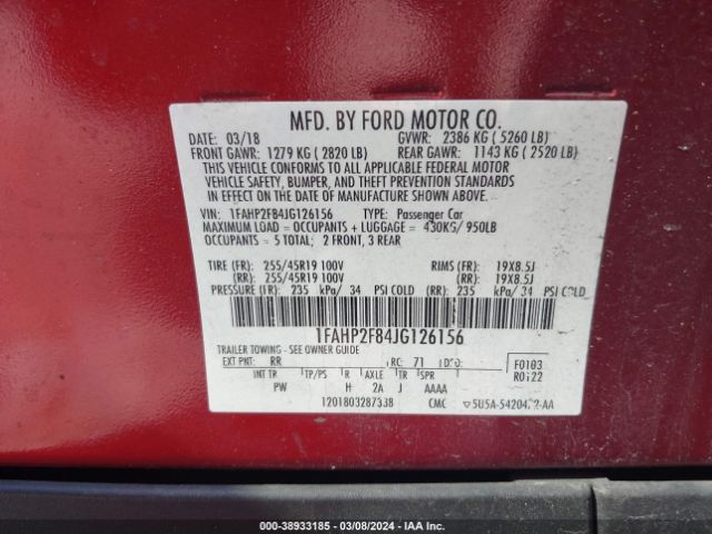 Photo 8 VIN: 1FAHP2F84JG126156 - FORD TAURUS 