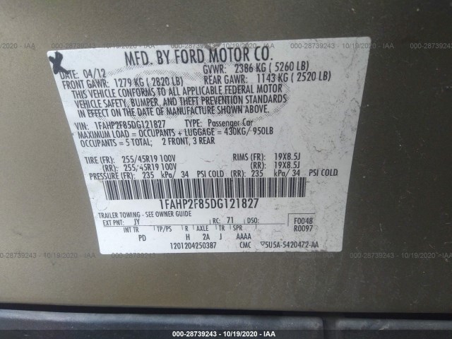 Photo 8 VIN: 1FAHP2F85DG121827 - FORD TAURUS 