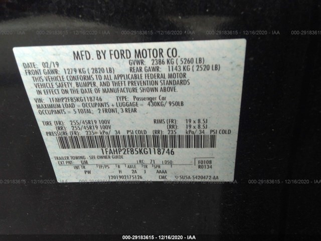 Photo 8 VIN: 1FAHP2F85KG118746 - FORD TAURUS 