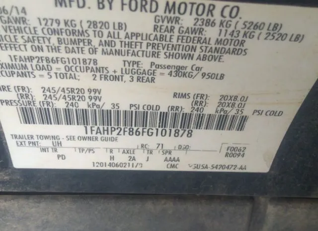 Photo 8 VIN: 1FAHP2F86FG101878 - FORD TAURUS 