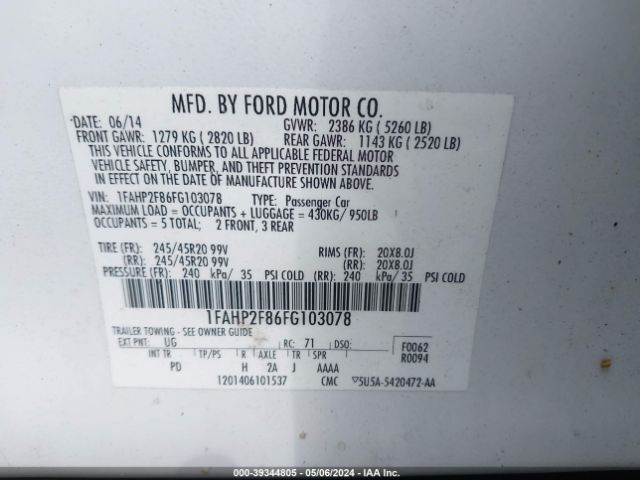 Photo 8 VIN: 1FAHP2F86FG103078 - FORD TAURUS 