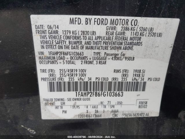 Photo 8 VIN: 1FAHP2F86FG103663 - FORD TAURUS 