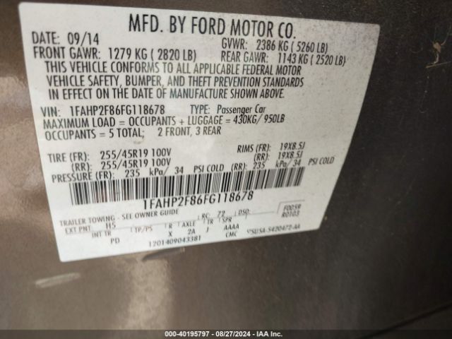 Photo 8 VIN: 1FAHP2F86FG110678 - FORD TAURUS 