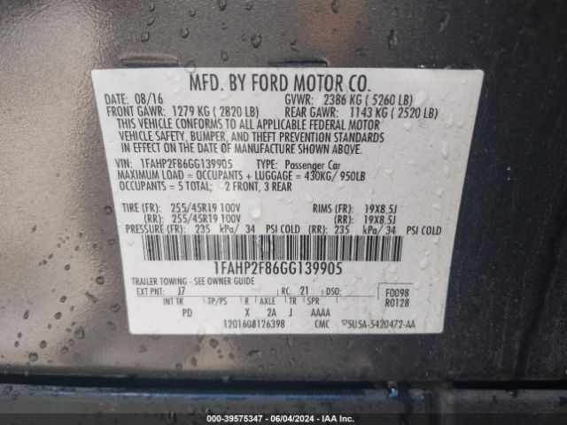 Photo 8 VIN: 1FAHP2F86GG139905 - FORD TAURUS 