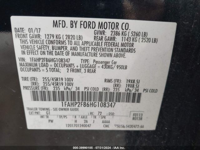 Photo 8 VIN: 1FAHP2F86HG108347 - FORD TAURUS 