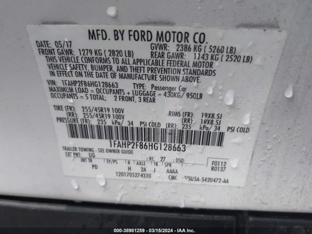 Photo 8 VIN: 1FAHP2F86HG128663 - FORD TAURUS 