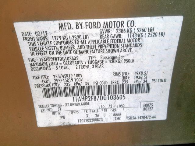 Photo 9 VIN: 1FAHP2F87DG103605 - FORD TAURUS LIM 