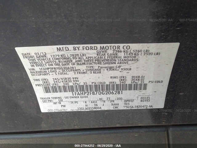 Photo 8 VIN: 1FAHP2F87DG206281 - FORD TAURUS 