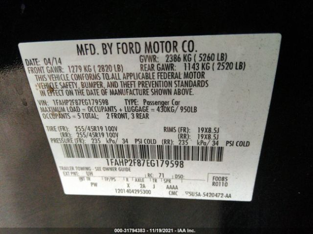 Photo 8 VIN: 1FAHP2F87EG179598 - FORD TAURUS 