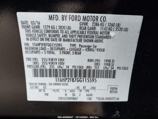 Photo 8 VIN: 1FAHP2F87GG115595 - FORD TAURUS 